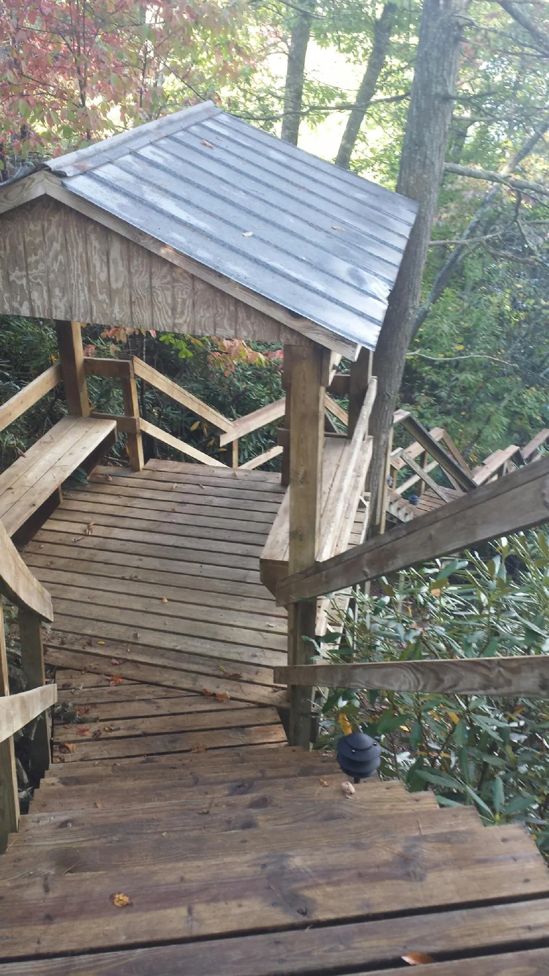 Metal roofed shelter over wooden steps on a wooded walkway — Skylight Repair & Installation work by our crew in North Rose